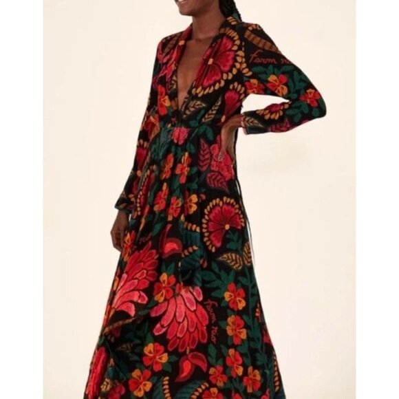 FARM Rio Dresses & Skirts - Farm Rio Plunging Long Sleeve Floral Maxi Dress A-line Size XS